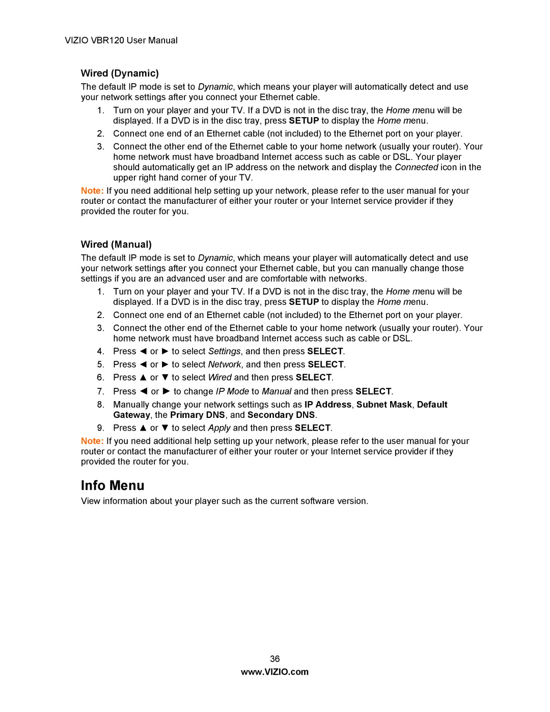 Vizio VBR 120 user manual Info Menu, Wired Dynamic, Wired Manual 