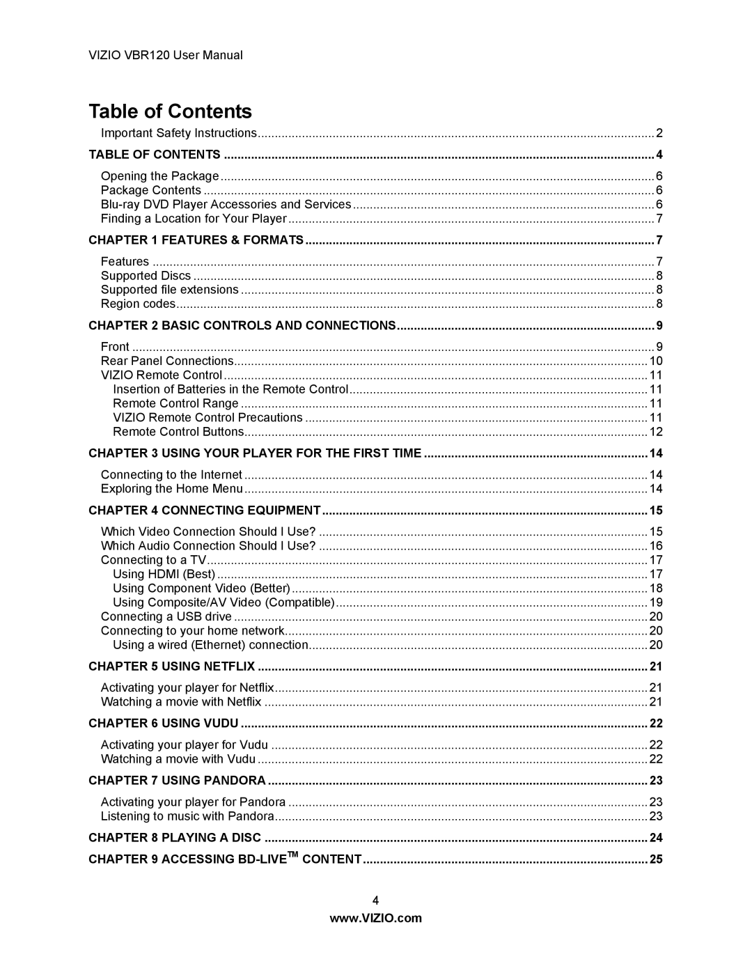 Vizio VBR 120 user manual Table of Contents 