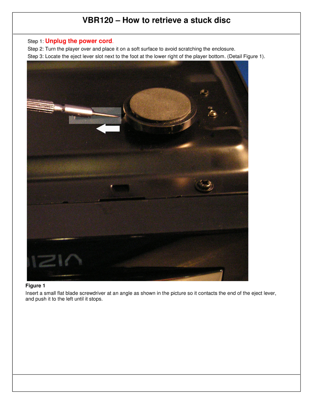 Vizio VBR 120 user manual VBR120 How to retrieve a stuck disc 