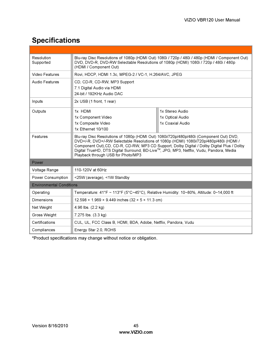 Vizio VBR 120 user manual Specifications 