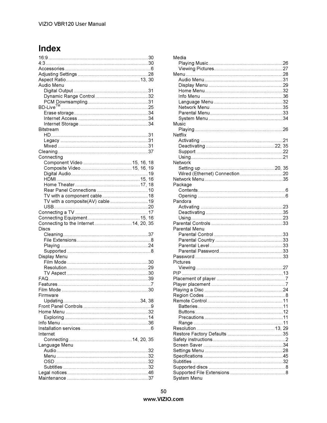 Vizio VBR 120 user manual Index, Aspect Ratio Audio Menu 