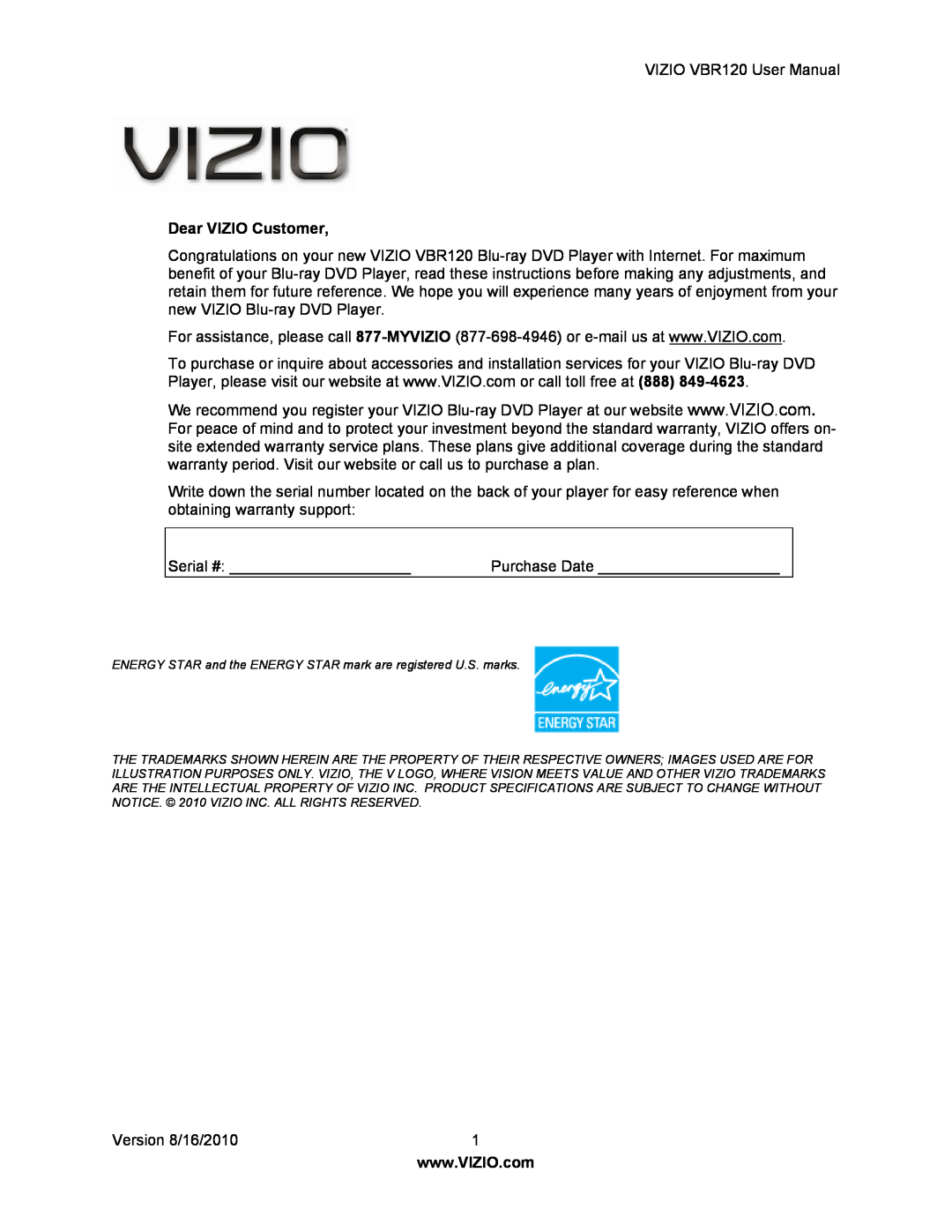 Vizio VBR 120 user manual Dear VIZIO Customer 