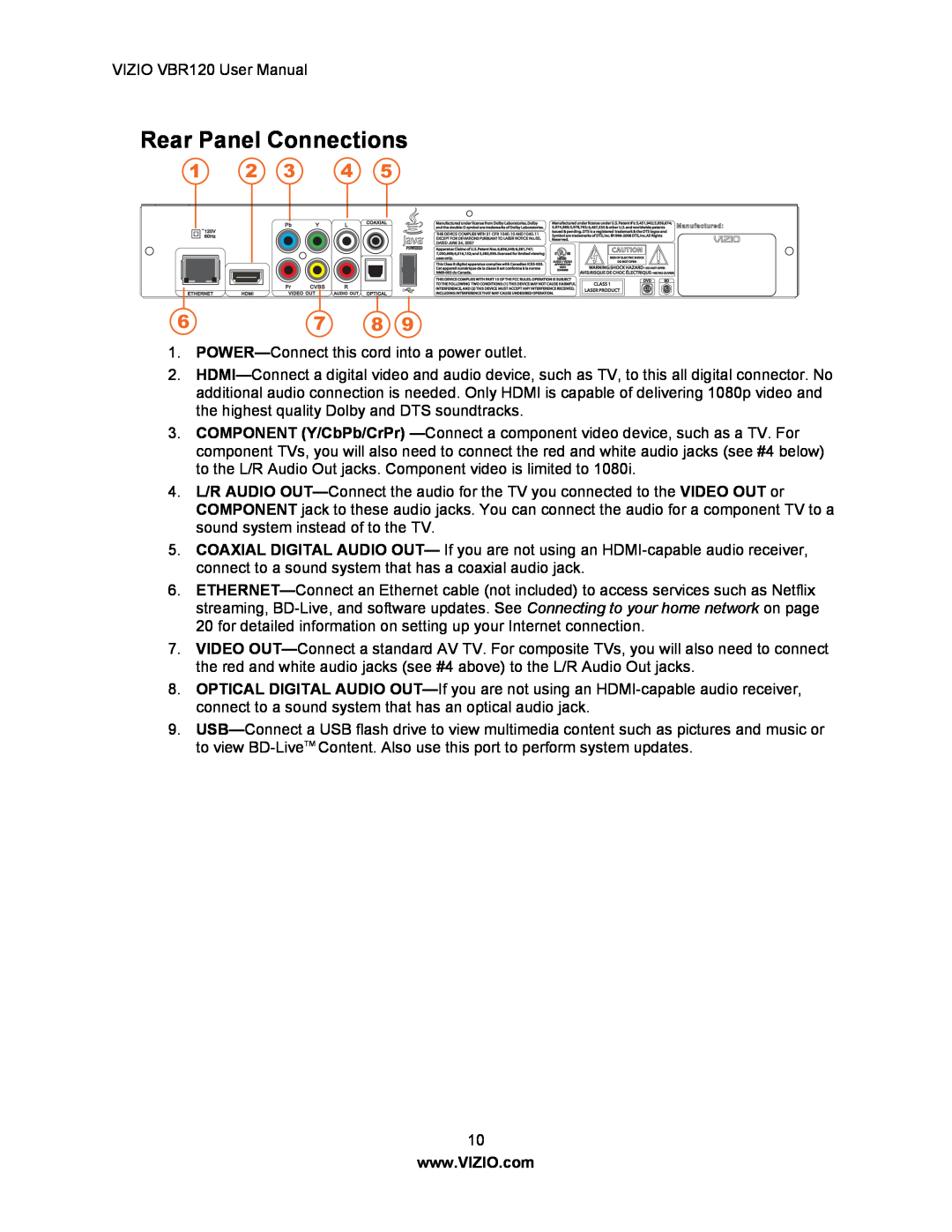 Vizio VBR 120 user manual Rear Panel Connections 