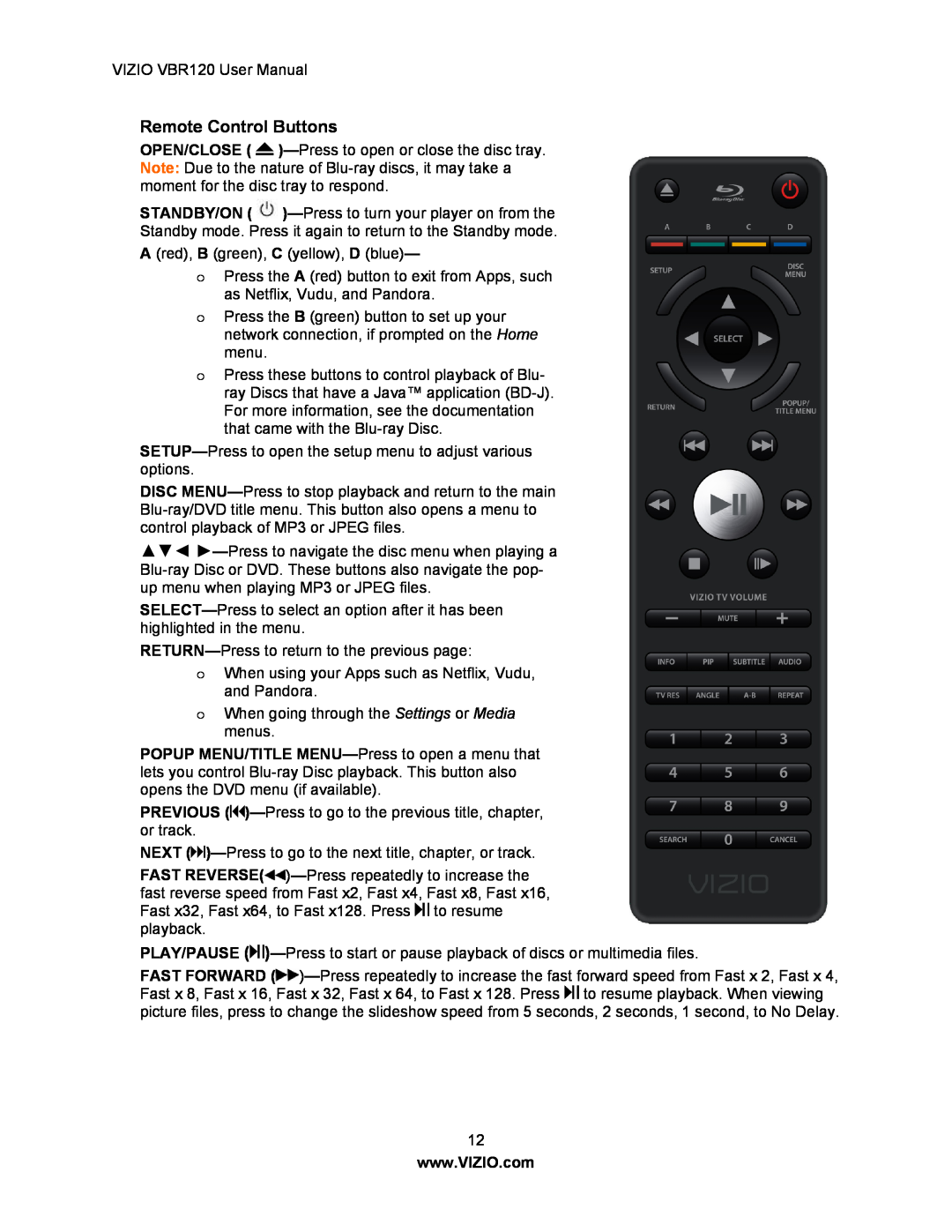 Vizio VBR 120 user manual Remote Control Buttons 