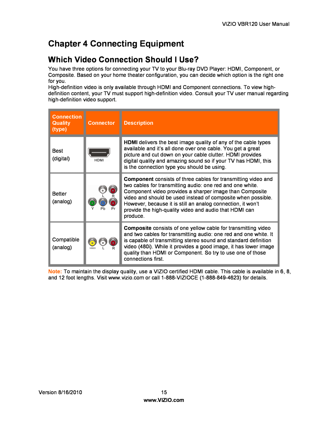 Vizio VBR 120 user manual Connecting Equipment, Which Video Connection Should I Use?, Quality, Connector, Description, type 