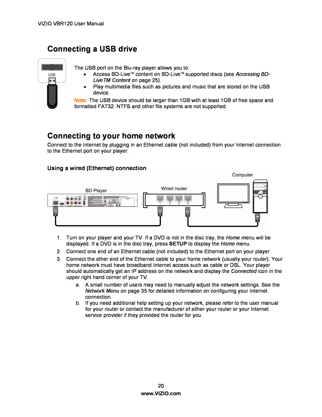 Vizio VBR 120 user manual Connecting a USB drive, Connecting to your home network, Using a wired Ethernet connection 