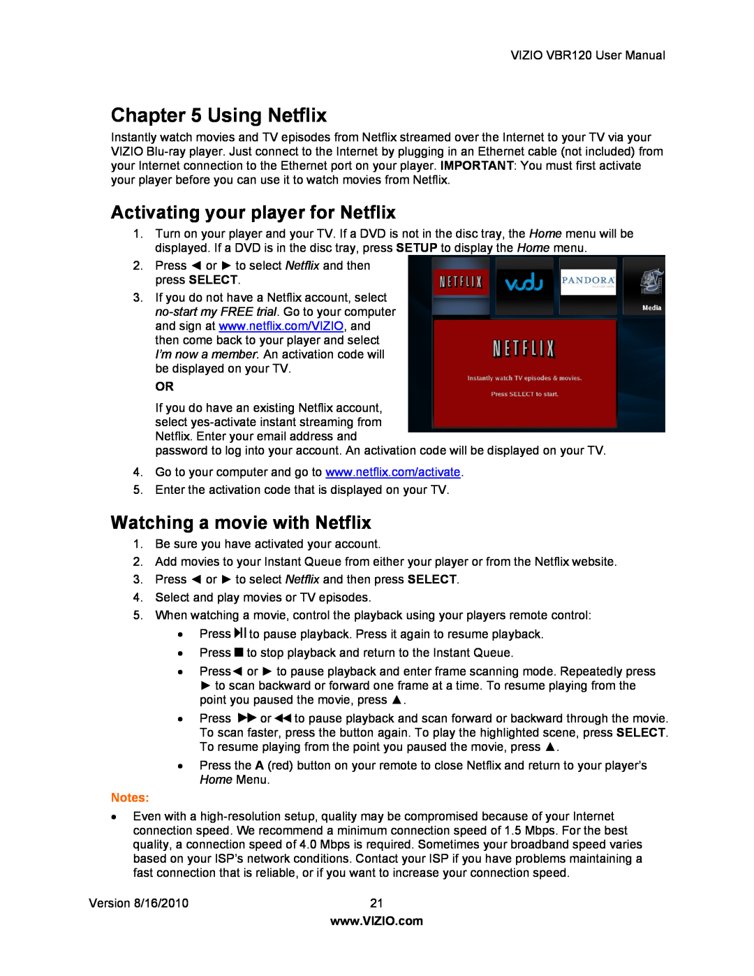 Vizio VBR 120 user manual Using Netflix, Activating your player for Netflix, Watching a movie with Netflix 