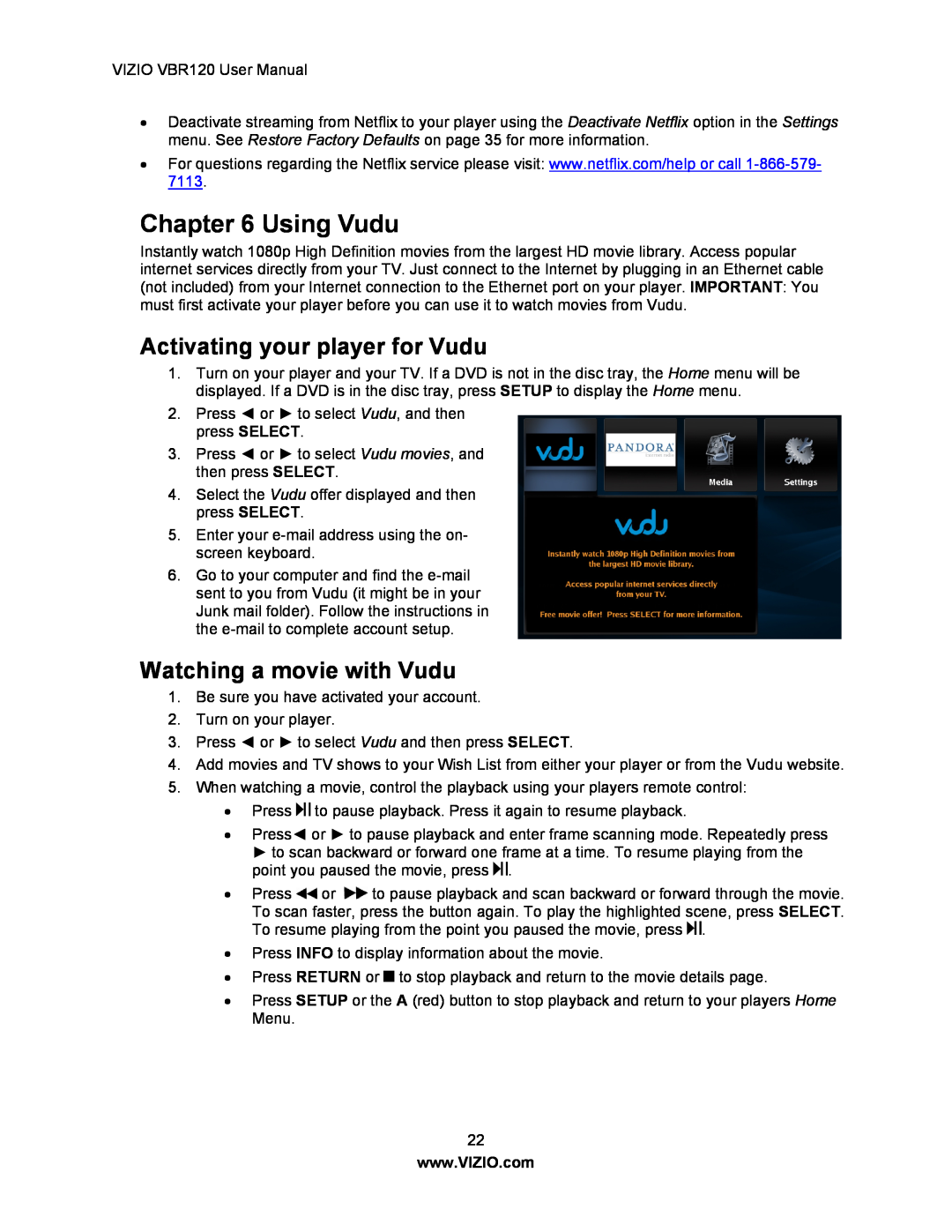 Vizio VBR 120 user manual Using Vudu, Activating your player for Vudu, Watching a movie with Vudu 
