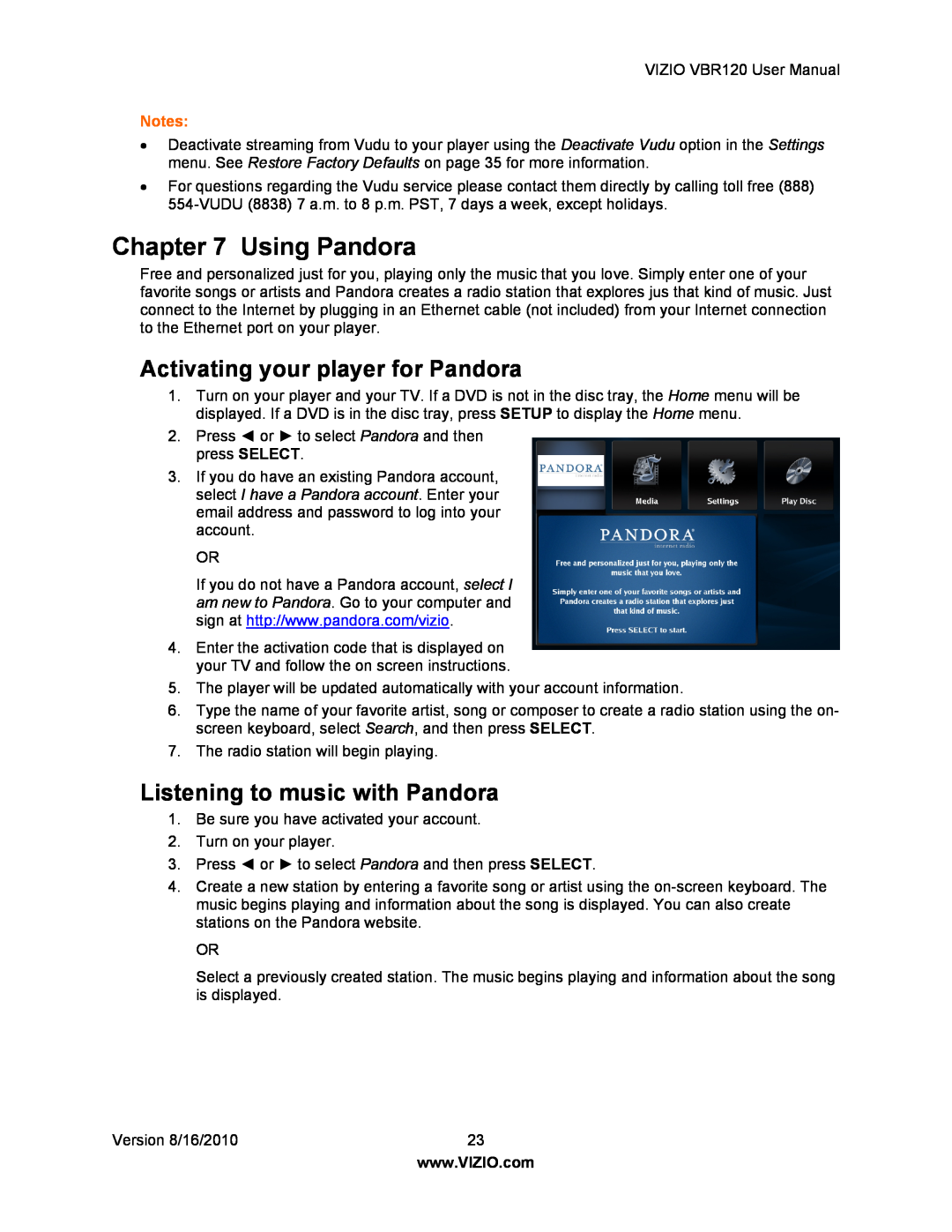 Vizio VBR 120 user manual Using Pandora, Activating your player for Pandora, Listening to music with Pandora 