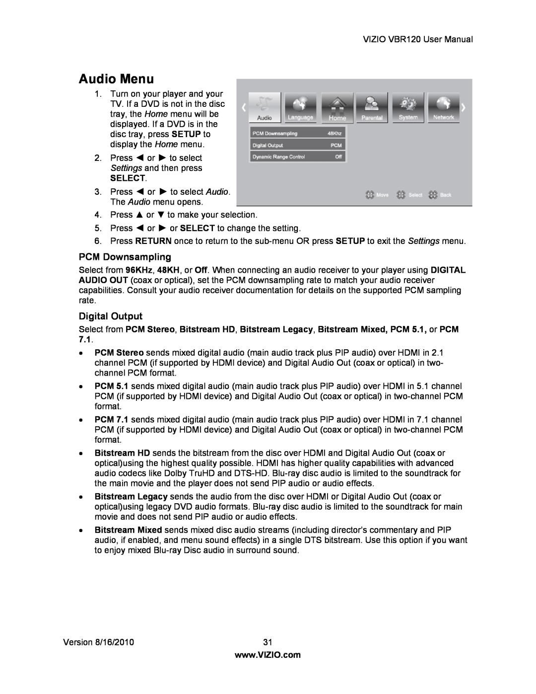 Vizio VBR 120 user manual Audio Menu, PCM Downsampling, Digital Output, Select 