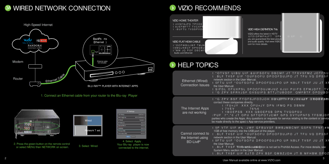 Vizio VBR120 3A Wired network connection, Vizio Recommends, Help topics, Ethernet Wired Connection Issues Internet Apps 