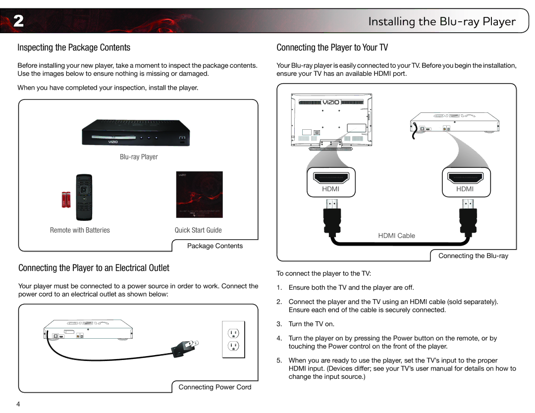 Vizio VBR121 user manual Inspecting the Package Contents, Connecting the Player to an Electrical Outlet 