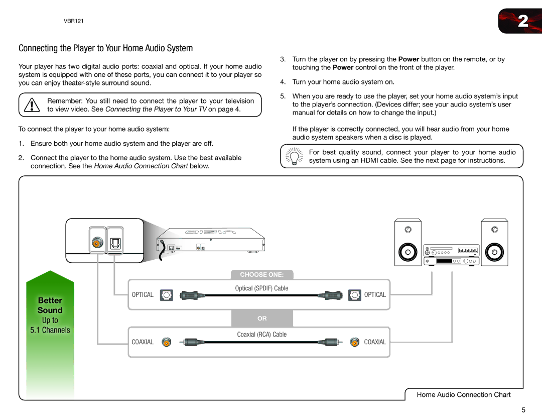 Vizio VBR121 user manual Connecting the Player to Your Home Audio System, Better Sound 