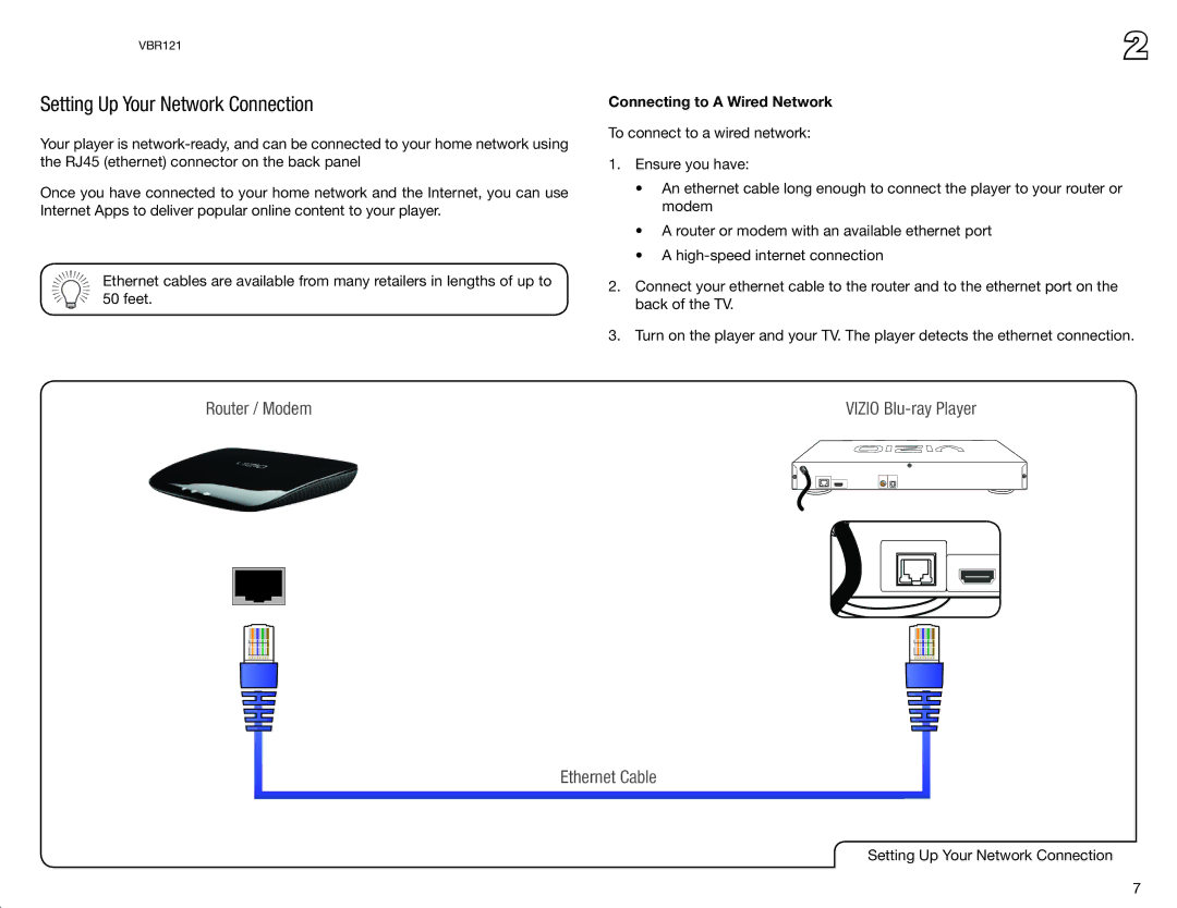 Vizio VBR121 user manual Setting Up Your Network Connection, Connecting to a Wired Network 