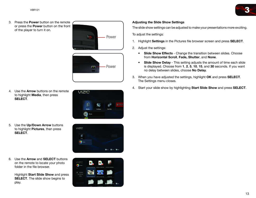 Vizio VBR121 user manual Adjusting the Slide Show Settings 