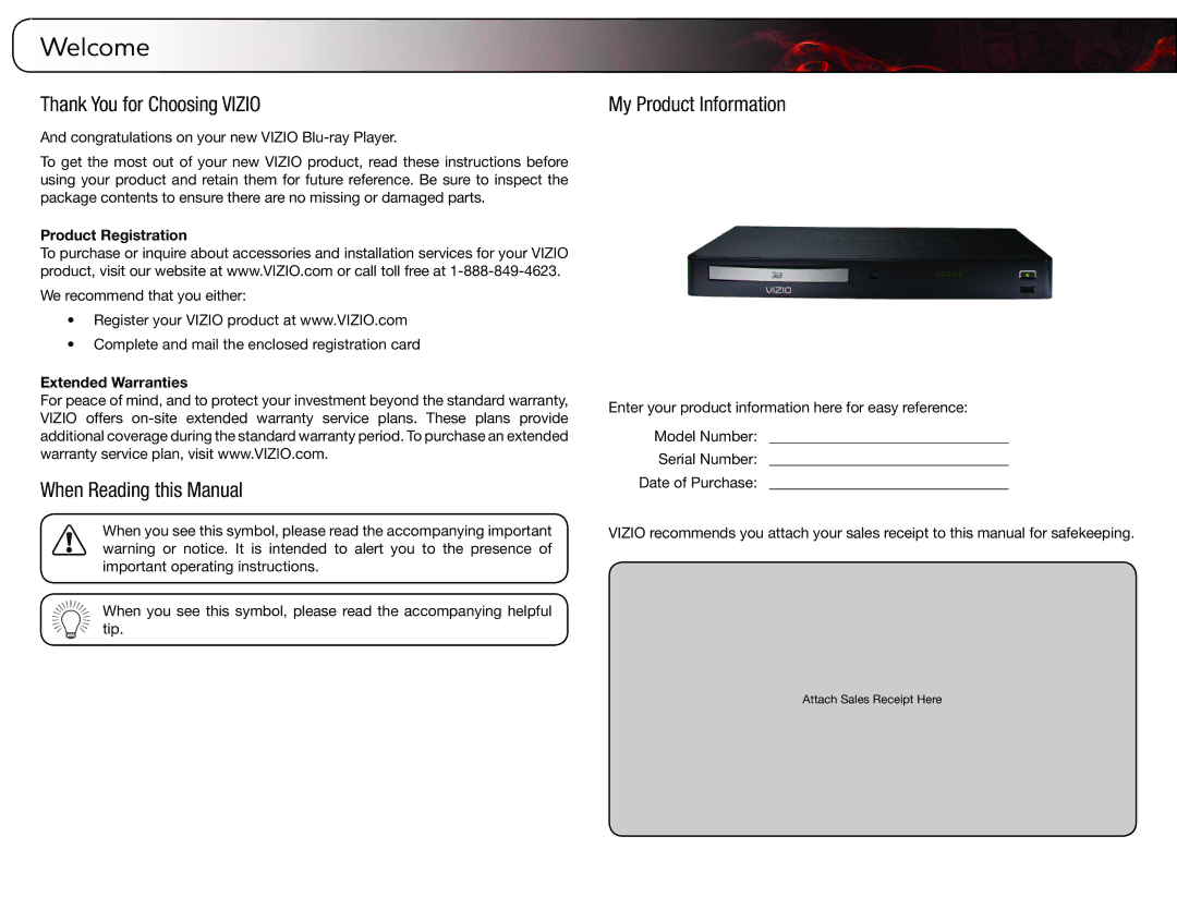 Vizio VBR121 user manual Welcome, Thank You for Choosing Vizio, When Reading this Manual, My Product Information 