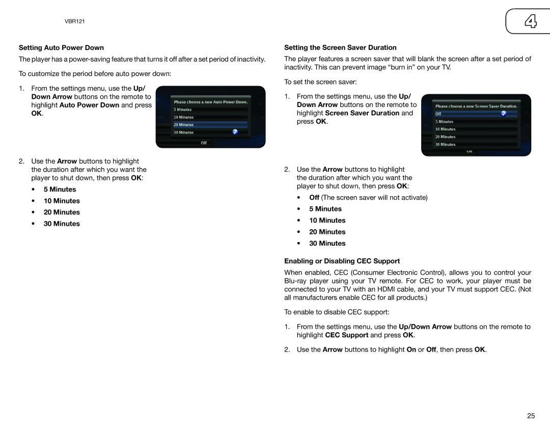 Vizio VBR121 Setting Auto Power Down, Minutes Setting the Screen Saver Duration, Minutes Enabling or Disabling CEC Support 