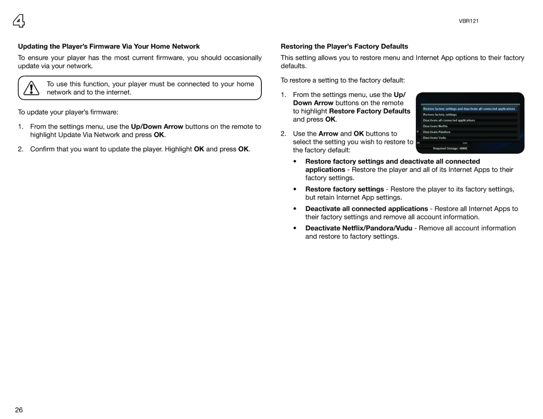 Vizio VBR121 user manual Updating the Player’s Firmware Via Your Home Network, Restoring the Player’s Factory Defaults 