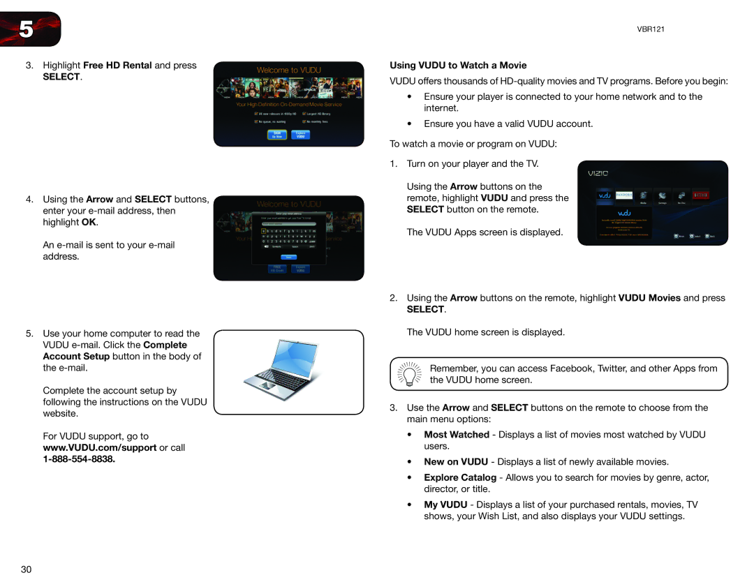 Vizio VBR121 user manual Using Vudu to Watch a Movie 