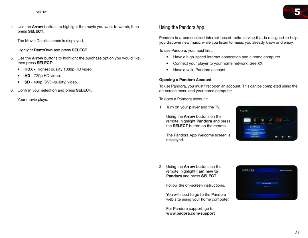 Vizio VBR121 user manual Using the Pandora App, Opening a Pandora Account 