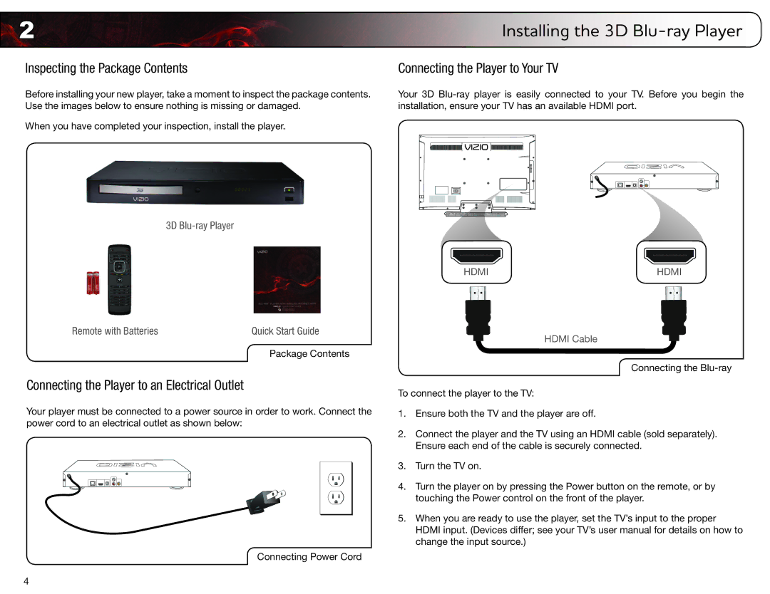 Vizio VBR133 user manual Inspecting the Package Contents, Connecting the Player to an Electrical Outlet 