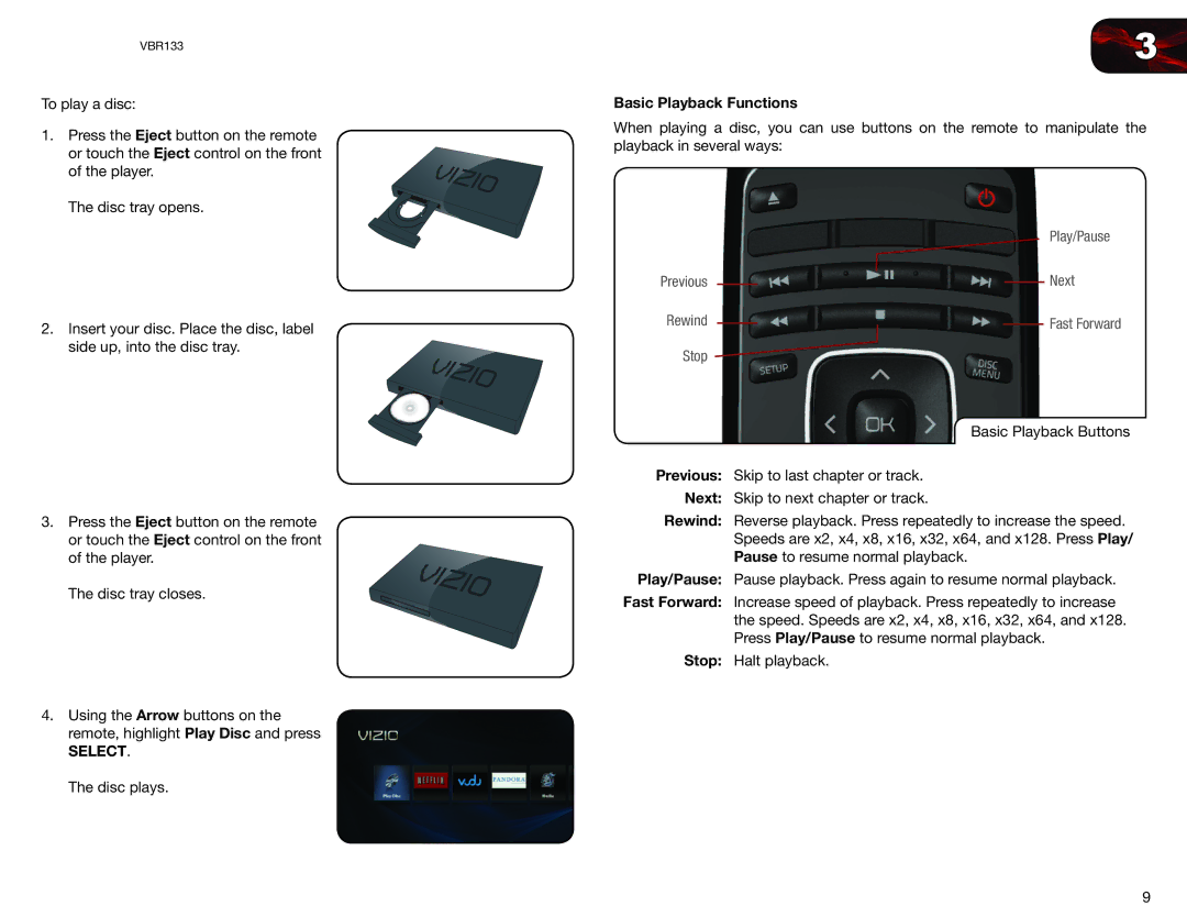 Vizio VBR133 user manual Select, Basic Playback Functions 