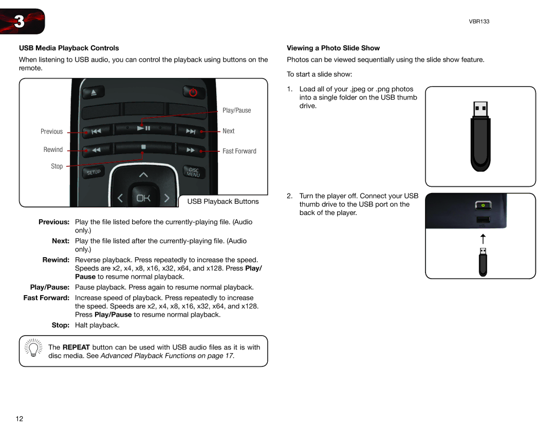 Vizio VBR133 user manual USB Media Playback Controls, Viewing a Photo Slide Show 