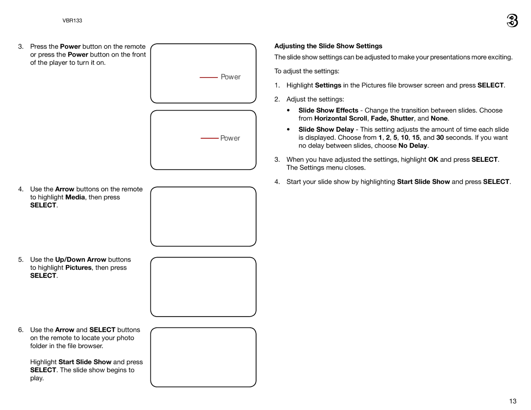 Vizio VBR133 user manual Adjusting the Slide Show Settings 