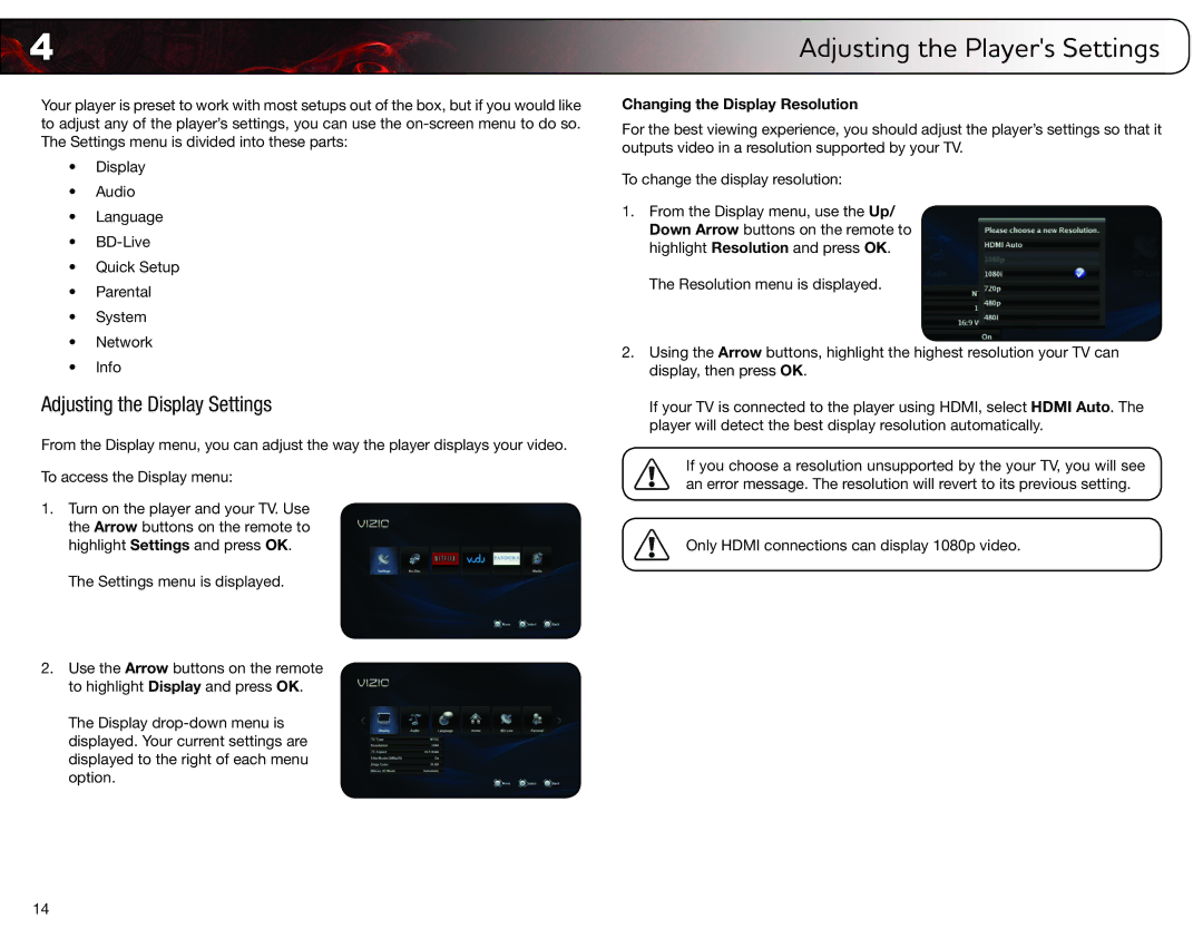 Vizio VBR133 user manual Adjusting the Display Settings, Changing the Display Resolution 