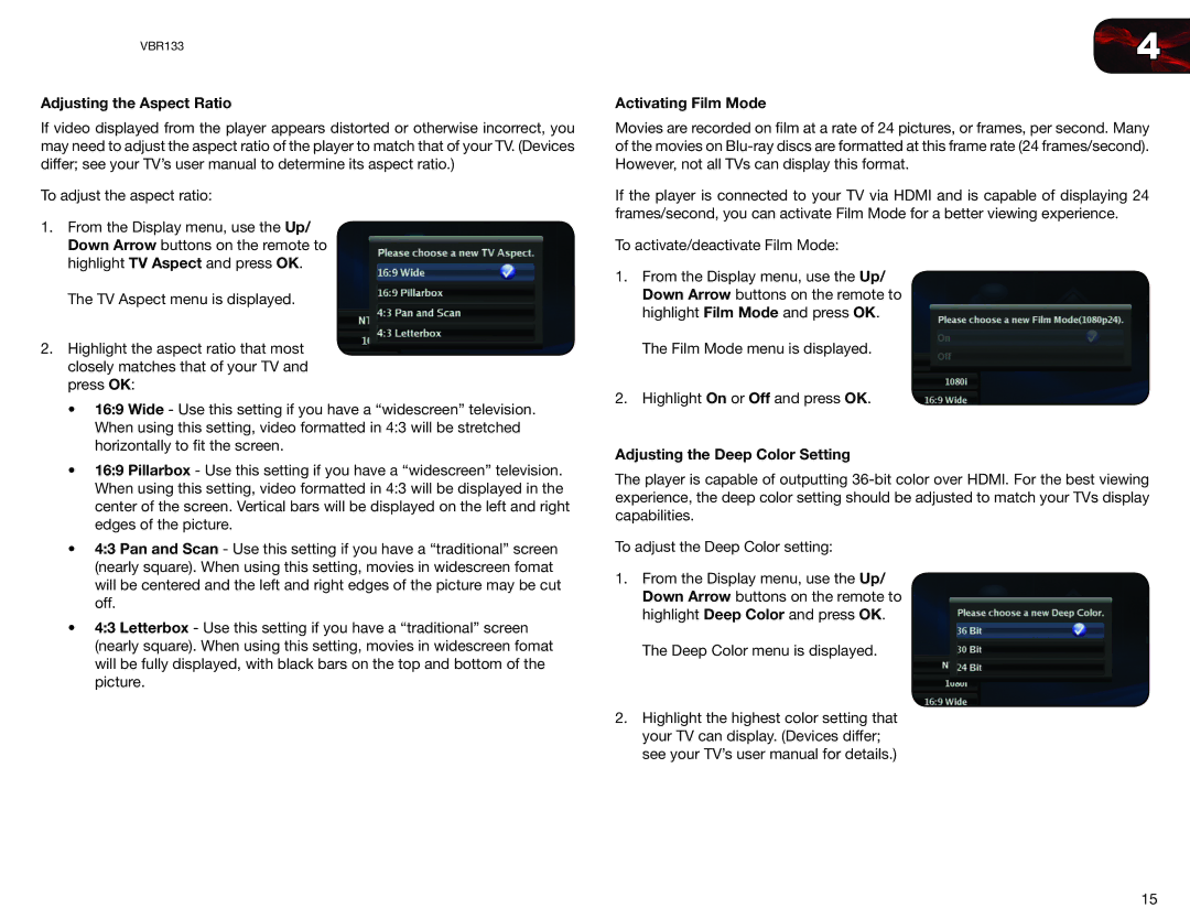 Vizio VBR133 user manual Adjusting the Aspect Ratio, Activating Film Mode, Adjusting the Deep Color Setting 