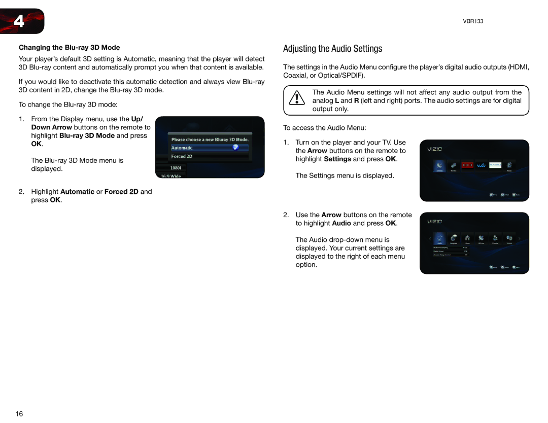 Vizio VBR133 Adjusting the Audio Settings, Changing the Blu-ray 3D Mode, Highlight Automatic or Forced 2D and press OK 