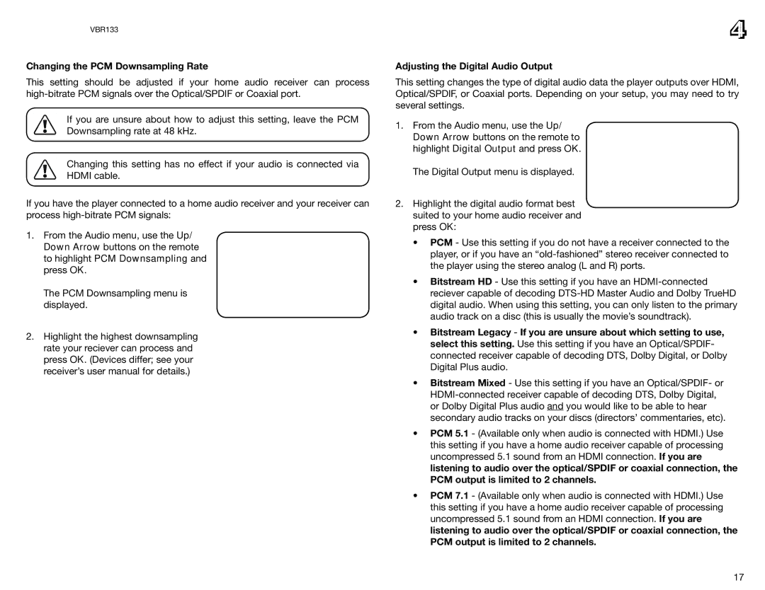 Vizio VBR133 user manual Changing the PCM Downsampling Rate, Adjusting the Digital Audio Output 