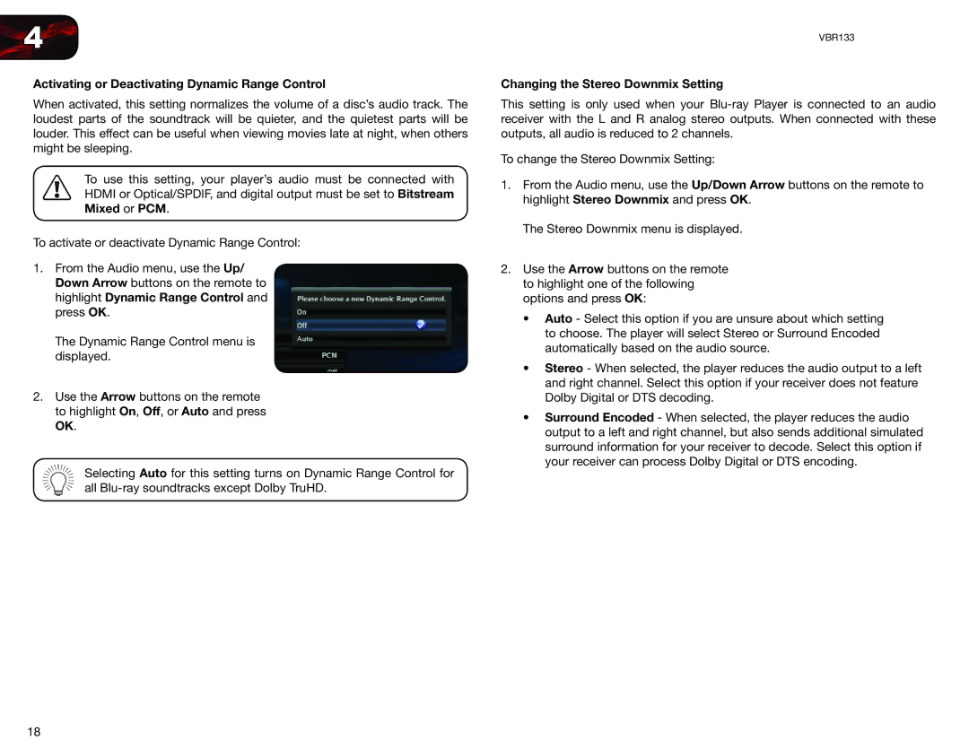 Vizio VBR133 user manual Activating or Deactivating Dynamic Range Control, Changing the Stereo Downmix Setting 