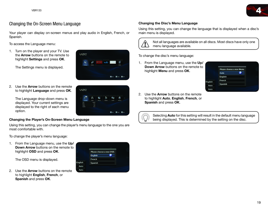 Vizio VBR133 user manual Changing the On-Screen Menu Language, Changing the Player’s On-Screen Menu Language 