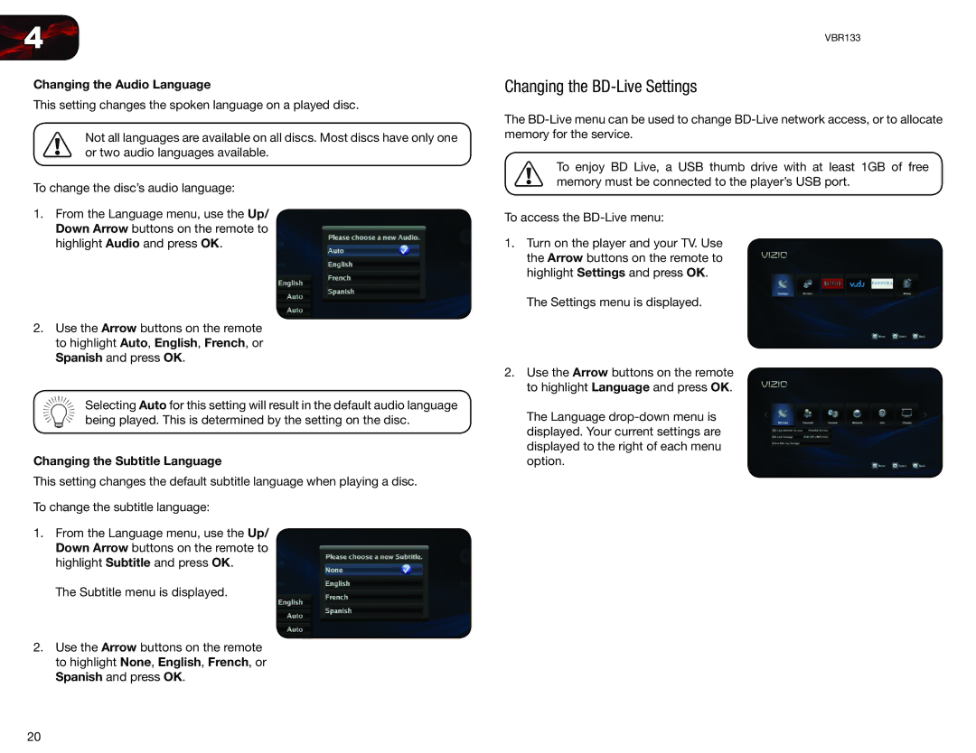 Vizio VBR133 user manual Changing the BD-Live Settings, Changing the Audio Language, Changing the Subtitle Language 