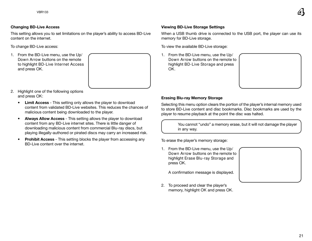 Vizio VBR133 user manual Changing BD-Live Access, Viewing BD-Live Storage Settings, Erasing Blu-ray Memory Storage 