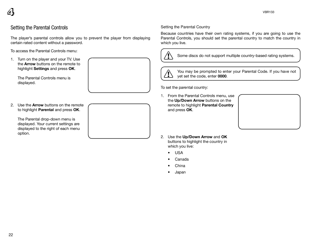 Vizio VBR133 user manual Setting the Parental Controls, Setting the Parental Country, Canada China 