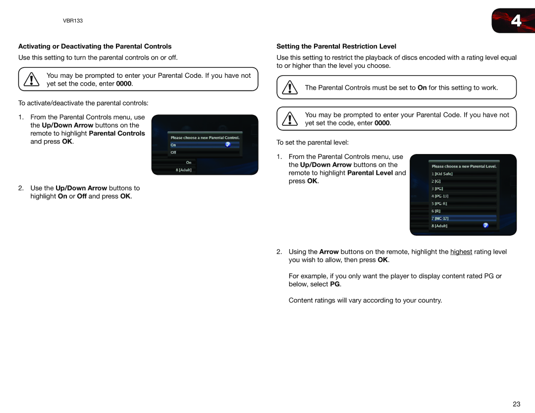 Vizio VBR133 user manual Activating or Deactivating the Parental Controls, Setting the Parental Restriction Level 