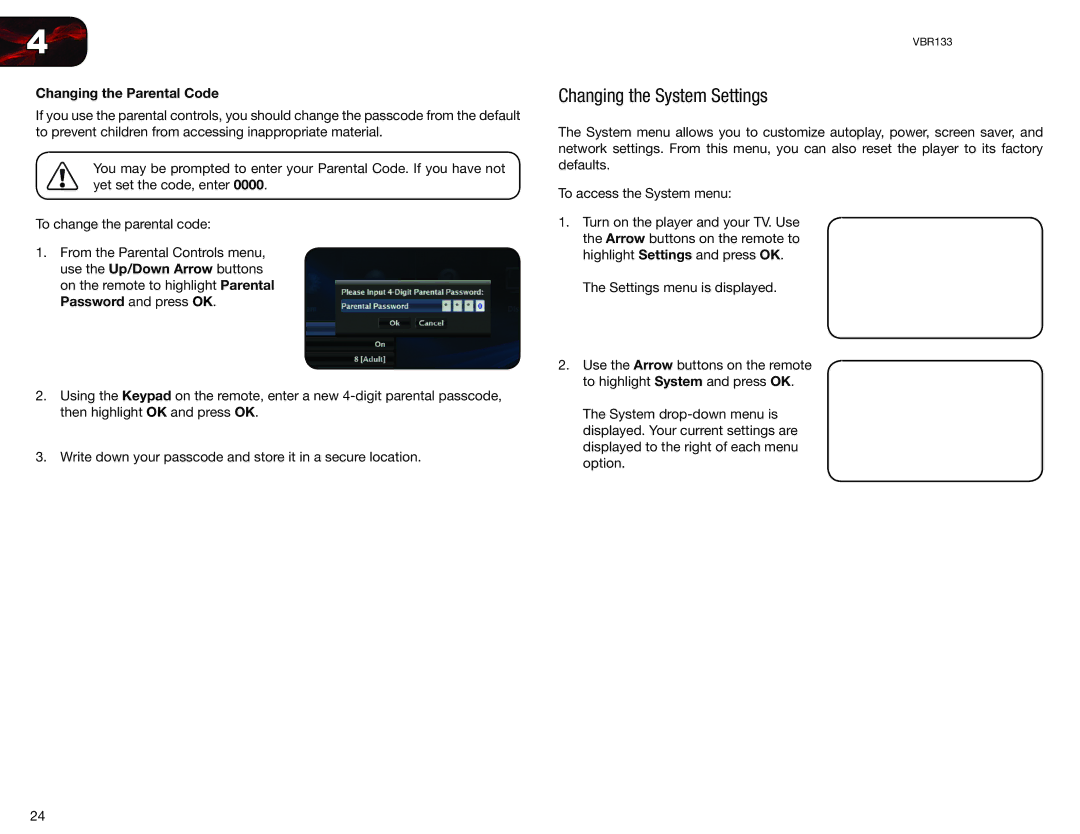 Vizio VBR133 user manual Changing the System Settings, Changing the Parental Code 