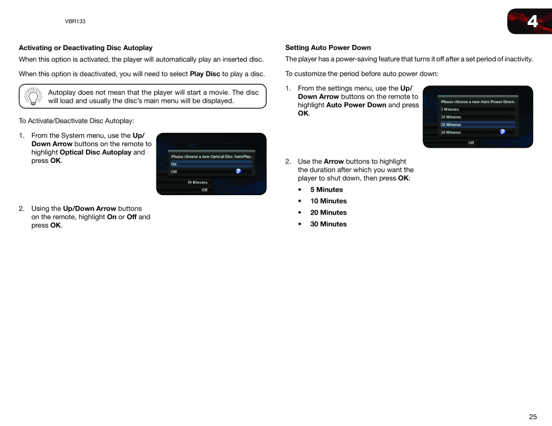 Vizio VBR133 user manual Activating or Deactivating Disc Autoplay, Setting Auto Power Down, Minutes 