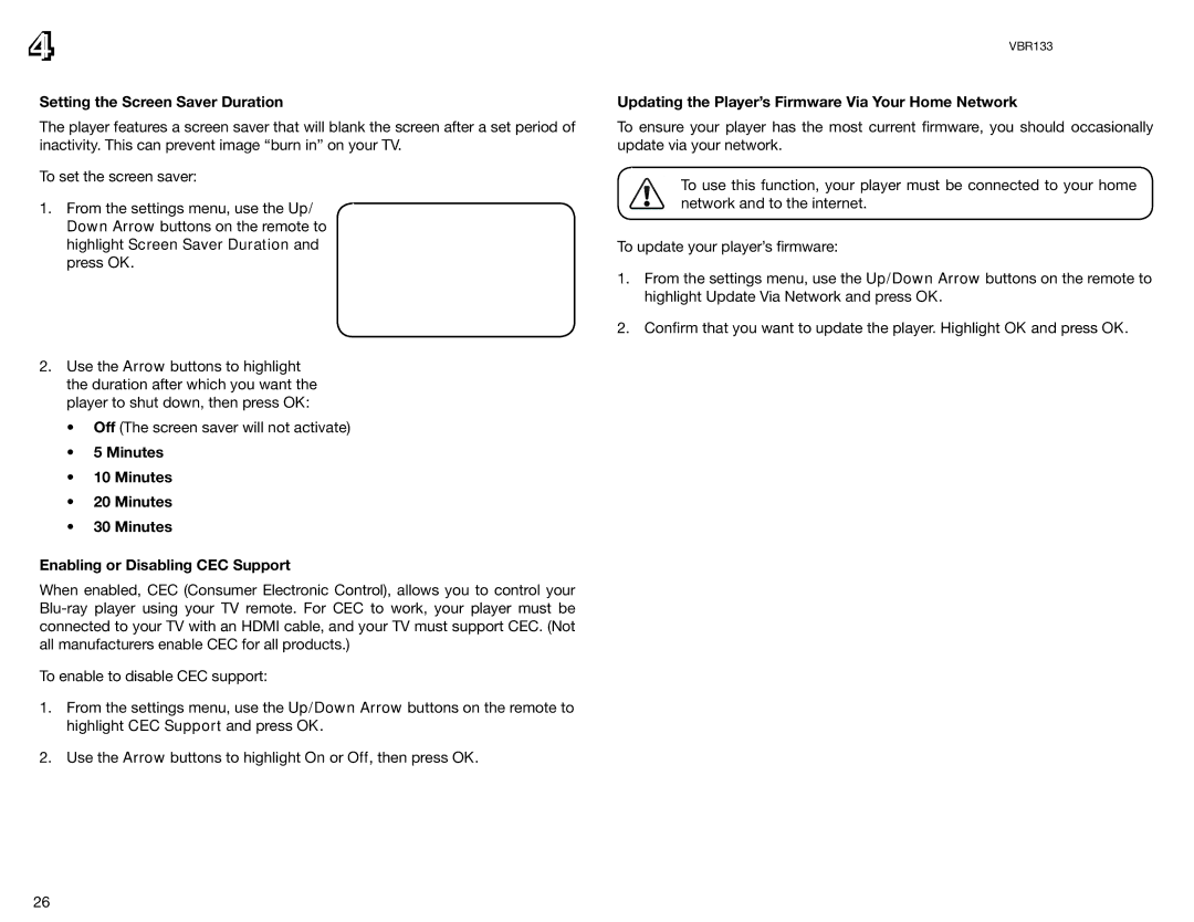 Vizio VBR133 user manual Setting the Screen Saver Duration, Minutes Enabling or Disabling CEC Support 