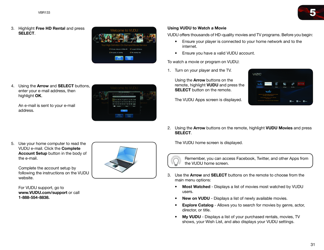 Vizio VBR133 user manual Using Vudu to Watch a Movie 