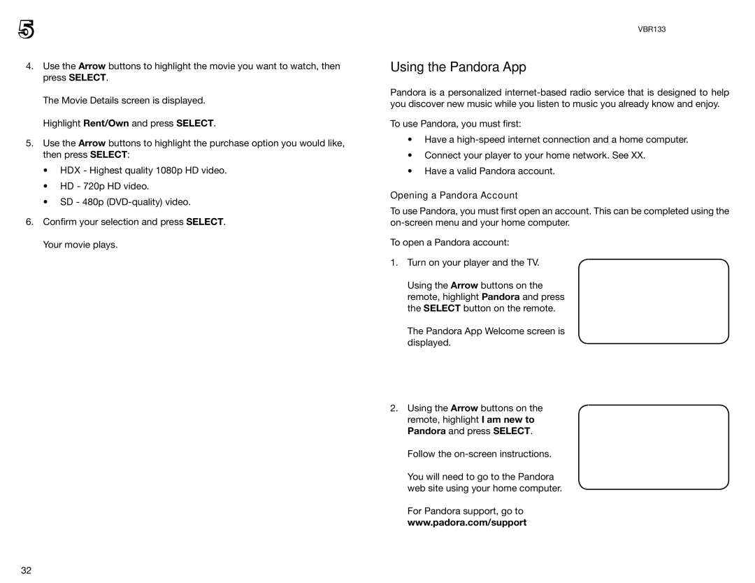 Vizio VBR133 user manual Using the Pandora App, Opening a Pandora Account 