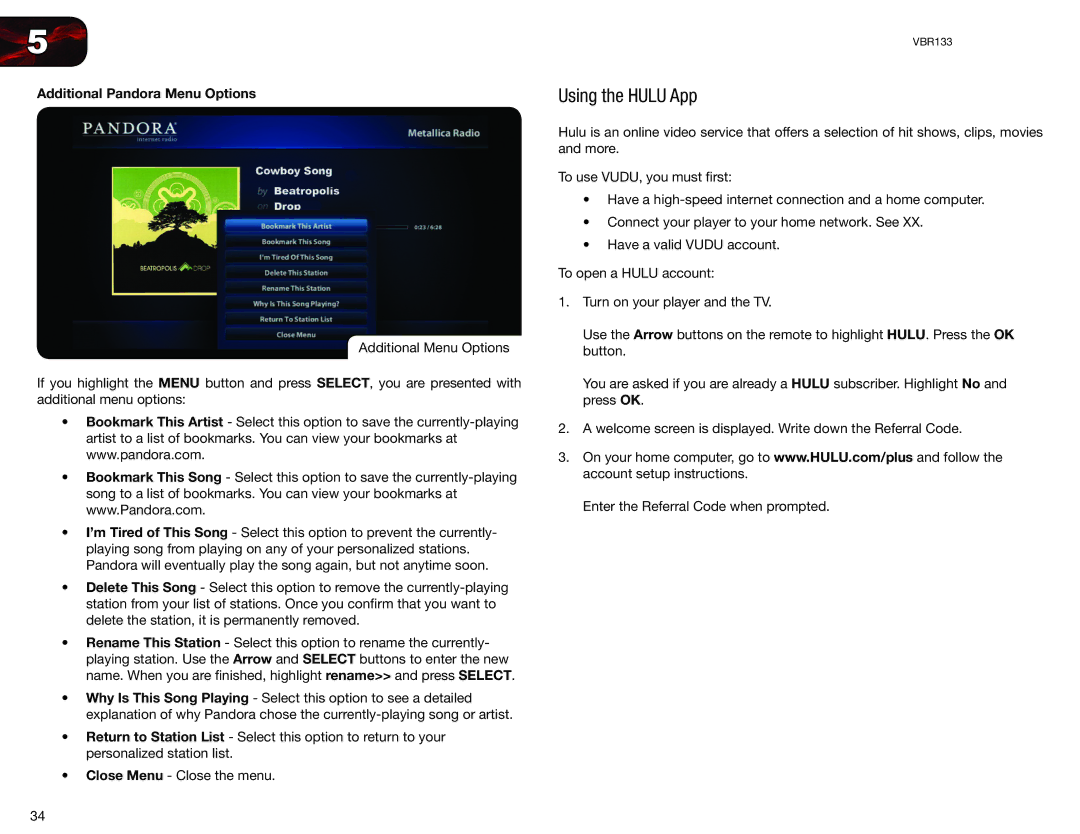 Vizio VBR133 user manual Using the Hulu App, Additional Pandora Menu Options 