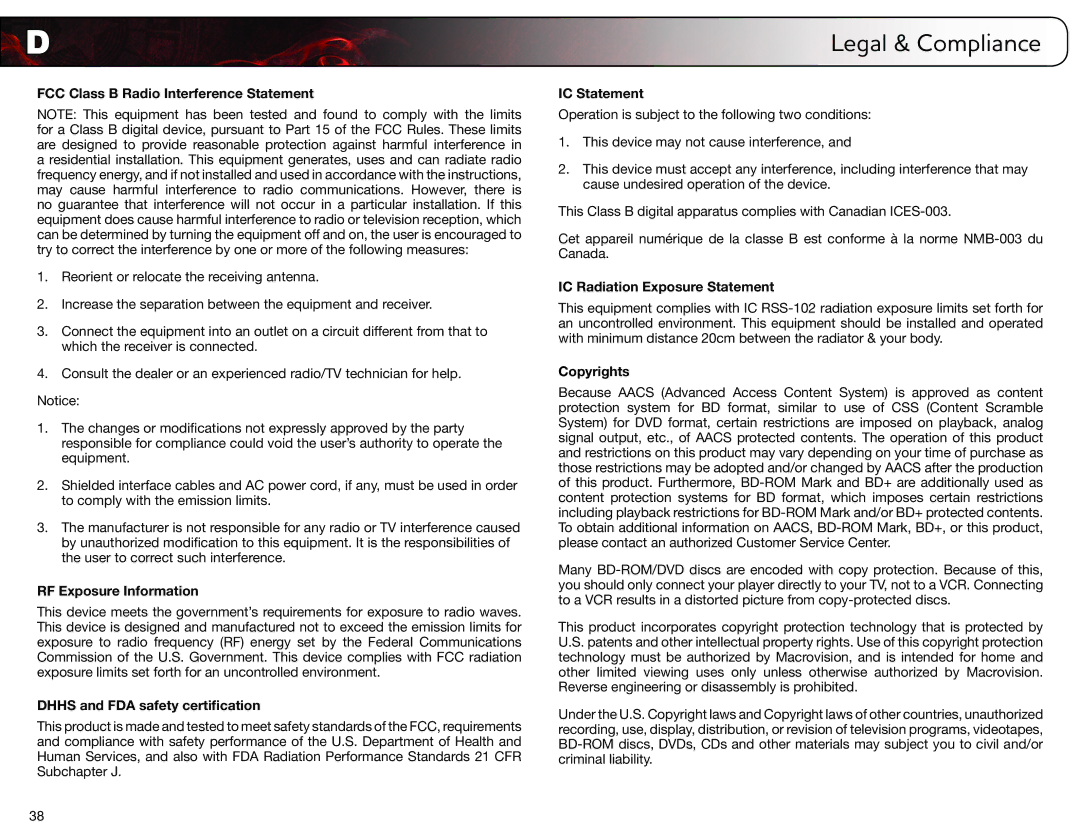 Vizio VBR133 FCC Class B Radio Interference Statement, RF Exposure Information, Dhhs and FDA safety certification 