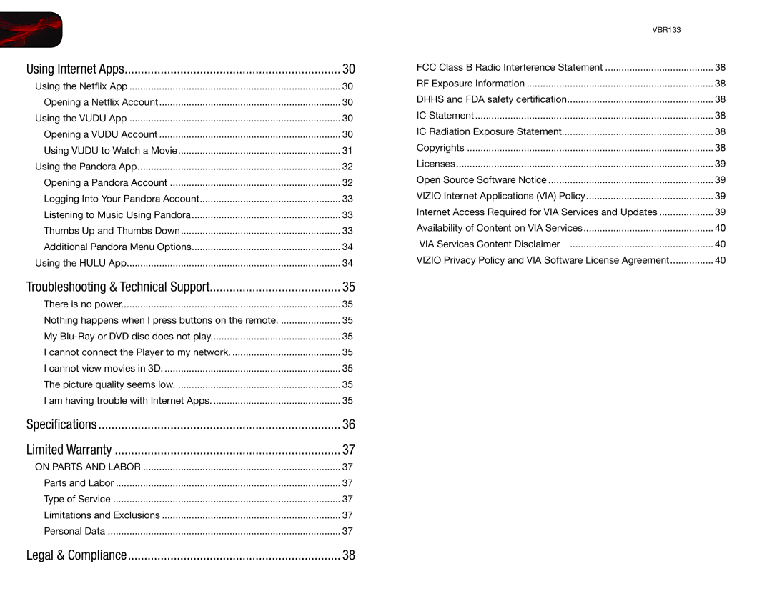 Vizio VBR133 user manual Legal & Compliance 