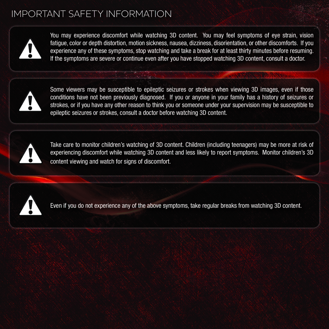 Vizio VBR133 user manual Important Safety Information, Content viewing and watch for signs of discomfort 