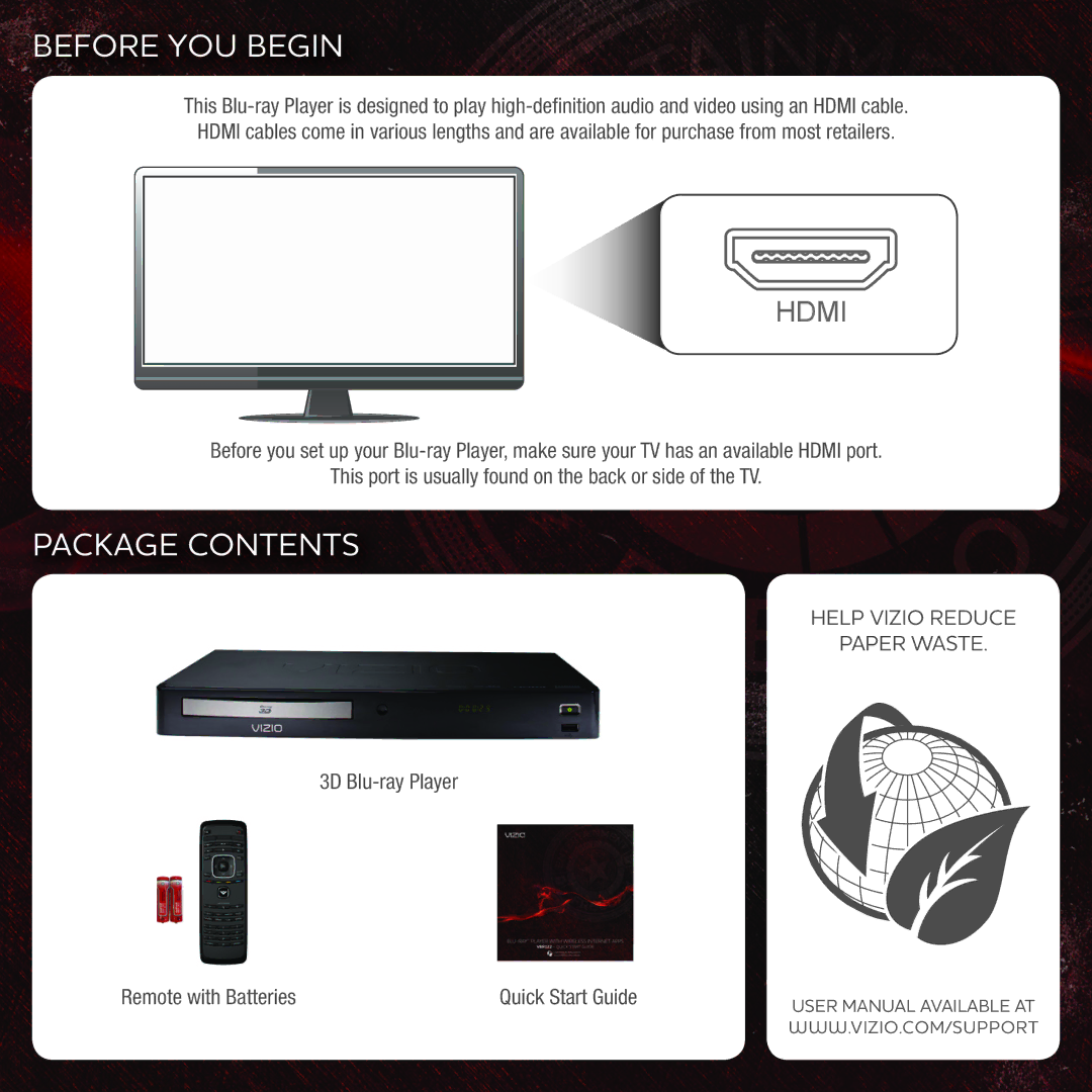 Vizio VBR133 user manual Before YOU Begin, Package Contents 