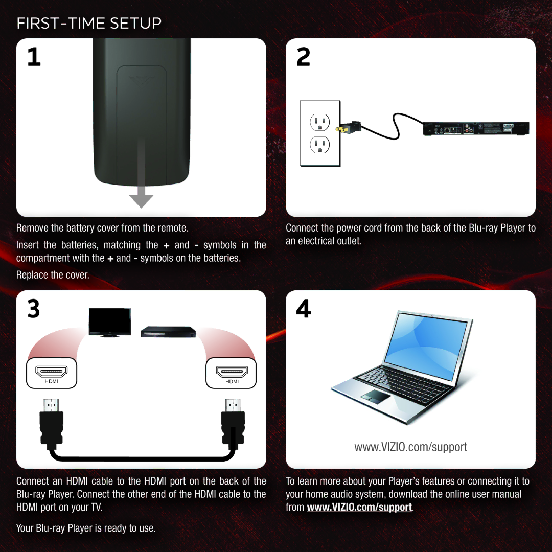 Vizio VBR133 user manual FIRST-TIME Setup, Remove the battery cover from the remote 