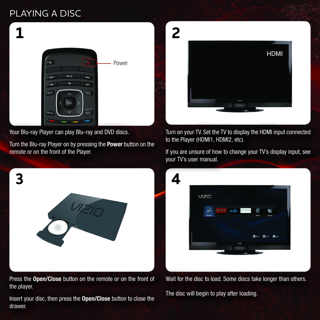 Vizio VBR133 user manual Playing a Disc, Hdmi 